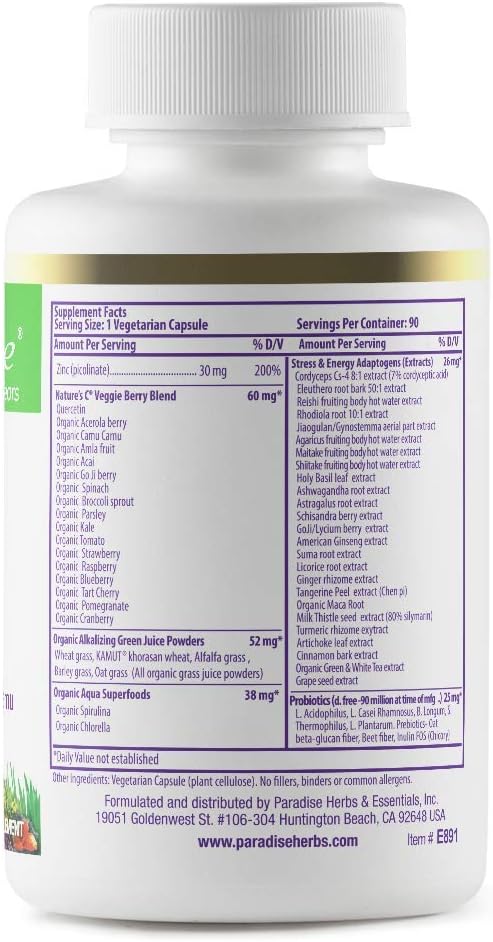 Paradise Herbs Zinc Supplements with Picolinate and Natures C, for Immune Support, Super Potent, Ultra Pure, Gluten Free, Non-GMO, Vegan, 30 mg, 90 Capsules