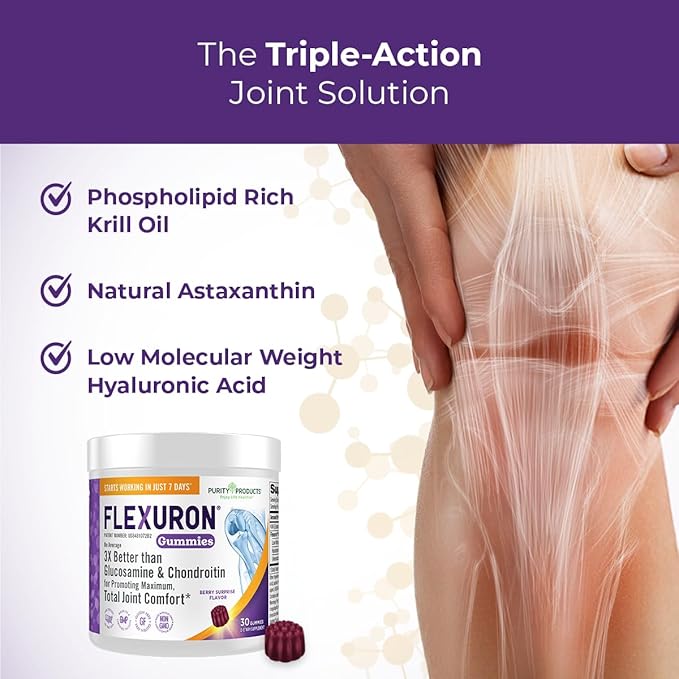 Purity Products Flexuron Gummies Joint Formula 3X Better Than Glucosamine and Chondroitin - Starts Working in just 7 Days - Krill Oil, Low Molecular Weight Hyaluronic Acid, Astaxanthin - 30 Ct (1)