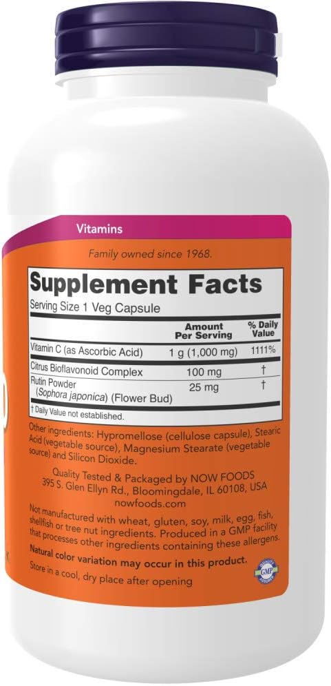 Now Supplements, Vitamin C-1,000 with 100 mg of Bioflavonoids, Antioxidant Protection*, 250 Veg Capsules (Pack of 2)