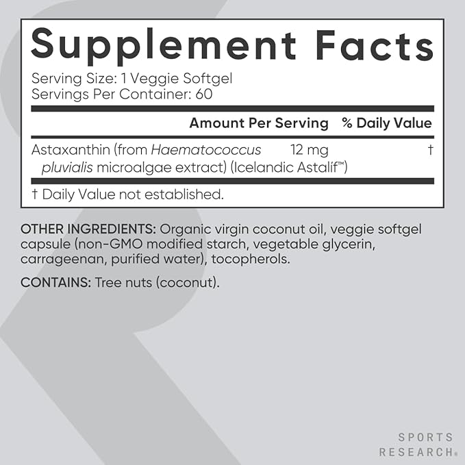 Sports Research Vegan Icelandic Astaxanthin 12mg with Organic Coconut Oil | Vegan Certified & Non-GMO Project Verified Dietary Supplement - 60 Veggie Softgels (2 Month Supply)