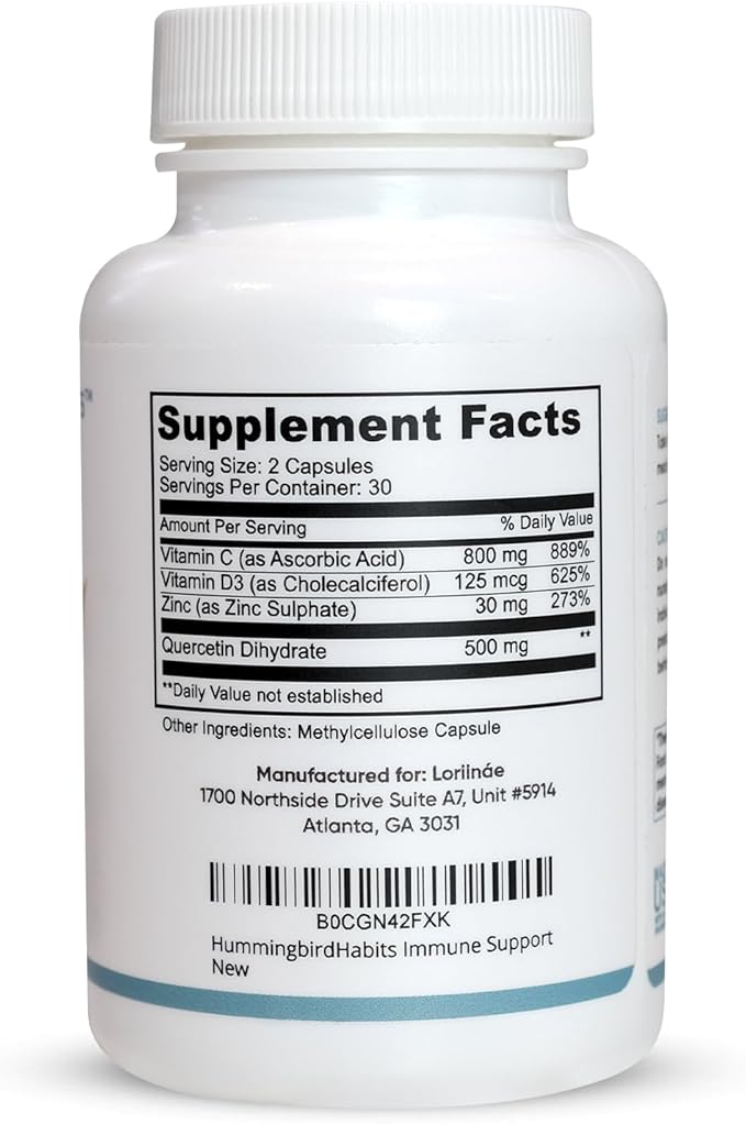Immune Support, Zinc Quercetin Vitamin C and D Immune Complex, Dihydrate Quercitin Supplements 500 with Zinc Vitamin C D3 for Immunity Support, Vegan Supplement (60 Capsules)