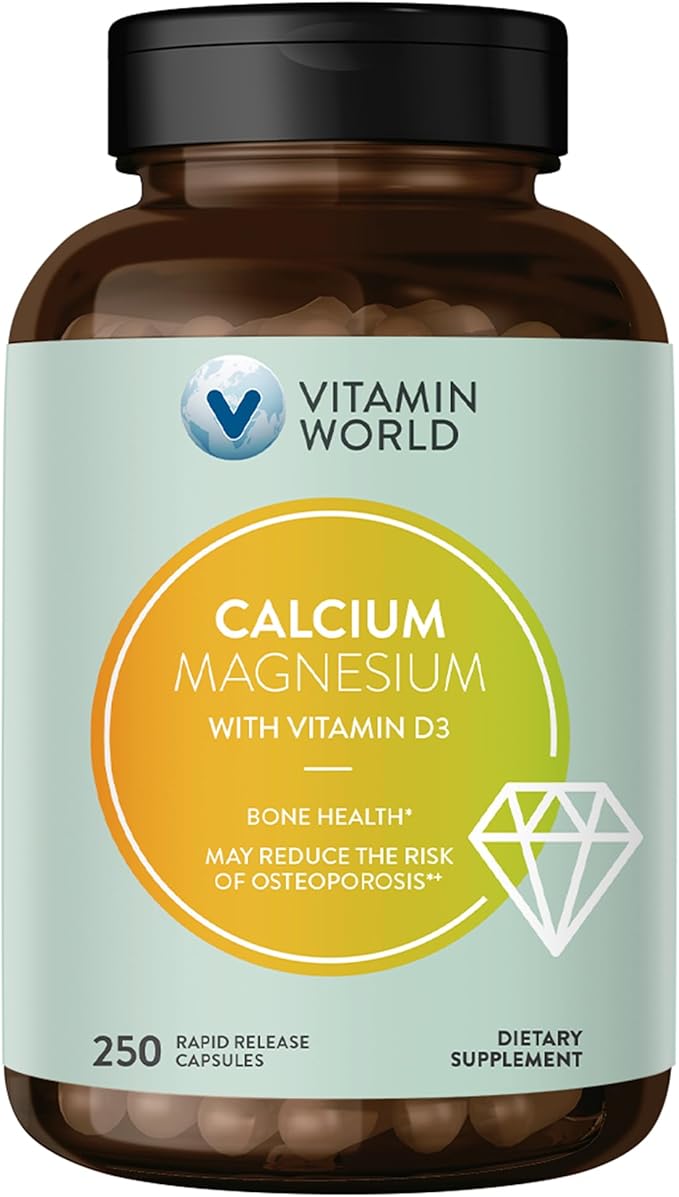 Vitamin World Calcium Magnesium with Vitamin D3, Bone Health, Muscle & Nerve Function Support, with Calcium 1000mg, Magnesium 500mg, Rapid-Release, Gluten & Dairy Free, 250 Capsules