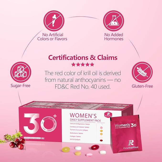 Multivitamin for Women with Vitamin A,B,C,D3,E,K2,Biotin, Collagen,Krill Oil,Cranberries Supports Energy,Wellness,Beauty and Immune - Vitamin Packs for Women Health 30 Packs