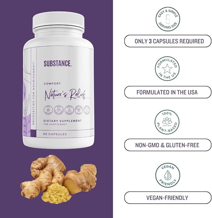 Nature’s Relief | Improve Body, Muscle & Joint Aches | Turmeric Curcumin, Boswellia & Ginger Supplement | Ease Discomfort & Increase Mobility | Non-GMO (30 Servings)