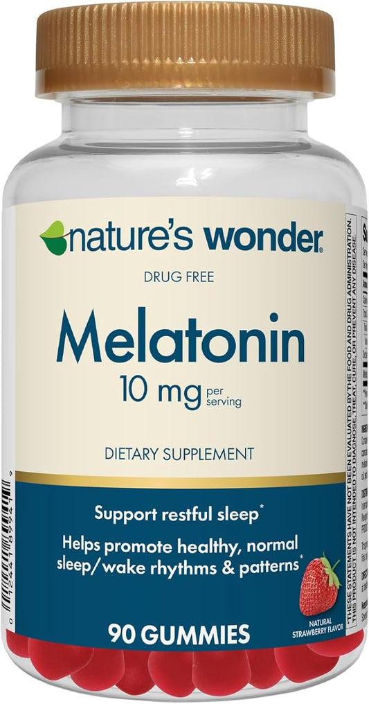 Nature's Wonder Drug-Free Melatonin 10 mg Gummies for Adult Sleep Health, 100% Drug Free Sleep aid, Promote Healthy Sleep and Wake Rhythm and Patterns, 45 Day Supply, 90 Count
