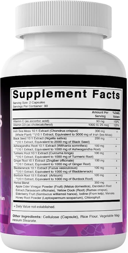 Vitamatic Sea Moss with Black Seed Oil, Ashwagandha, Turmeric, Bladderwrack & Burdock - 180 Vegan Capsules