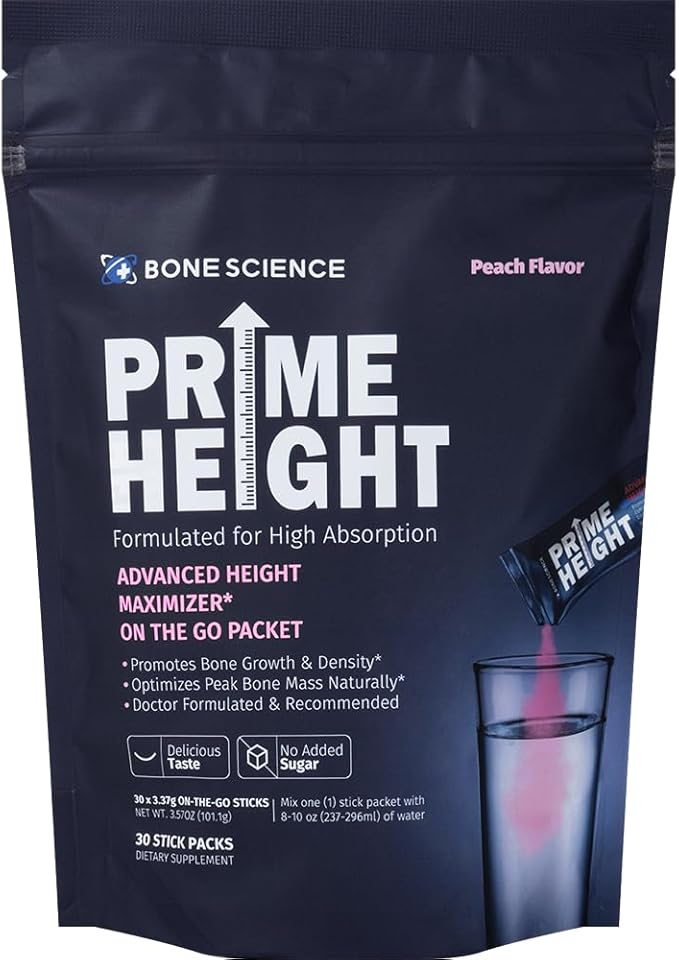 Prime Height Powder – Kids Daily Multivitamin with Calcium, Magnesium, Zinc, and Vitamins B6, B12, C, D3, E, K – 30 Sticks, Peach Flavor