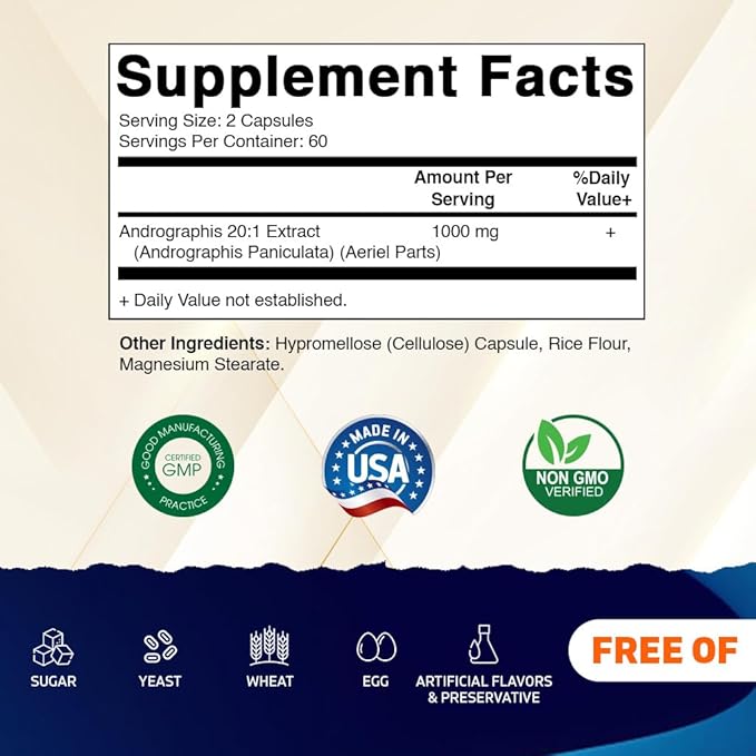 Vitamatic Andrographis Extract 1000 mg Per Serving - 120 Veg Capsules - 20X Extract, 100% Vegetarian, All-Natural, Gluten Free, Non-GMO