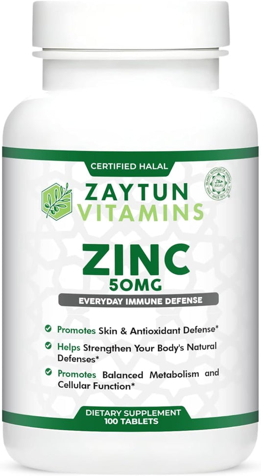 Zaytun Halal Zinc 50 mg Supports Immune Health and Healthy Skin, Antioxidant, One Per Day, US Made, 100 Tablets