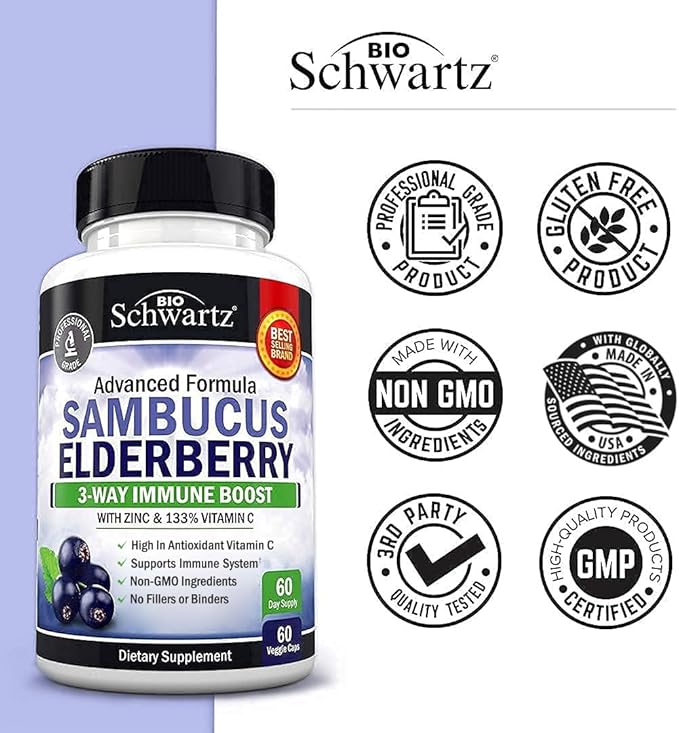Elderberry with Zinc and Vitamin C for Adults - Immune Support Vitamins for Women and Men Natural Elderberries Black Sambucus Capsules - Immune Defense Multiminerals Supplement, Gluten-Free, 60 Ct