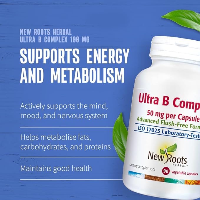 New Roots | Ultra Vitamin B Supplement (50mg) Contains Vitamin B6, B12, Biotin, Advanced Flush Free Formula (90 Veg Caps)
