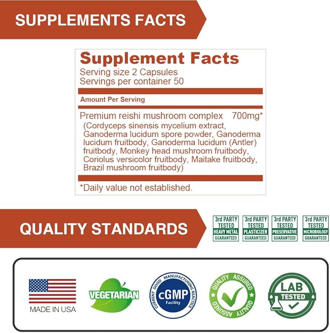 Lovita Mushroom Supplement, 8 in 1 Mushroom Complex, Lion’s Mane, Cordyceps CS-4, Reishi Spores, Turkey Tail, Maitake, for Natural Energy, Memory Support & Immune Support. 100 Vegan Capsules