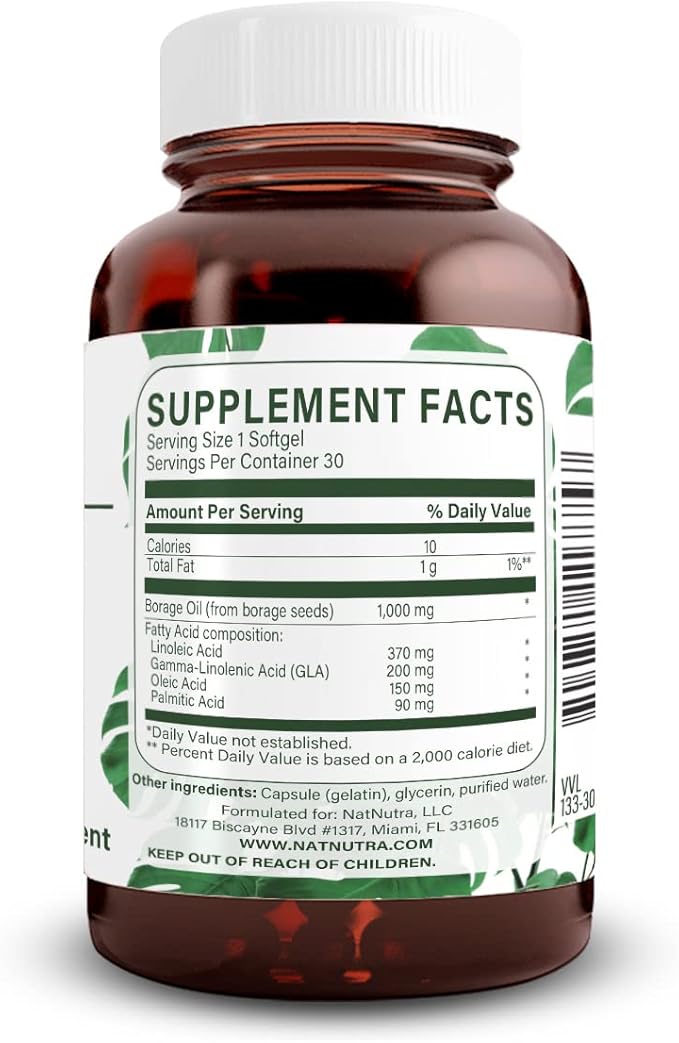 Natural Nutra Borage Oil, Maintain Skin Health, Support Heart Health, Improves Nerve Health, Help Reduce Pimple, Help Overcome Joint Pain, Omega 6 Essential Fatty Acids Supplement 30 Soft gels.