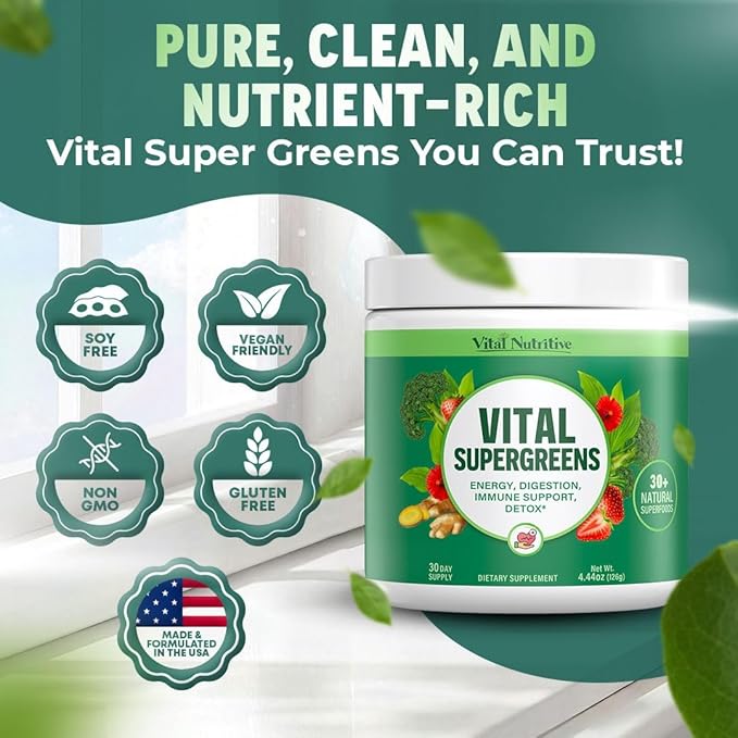 Vital Greens Superfood Powder - Daily Green Drink Powder with Probiotics and Superfoods - Supergreens for Energy Boost, Gut Health, Digestion Support, Plant-Based Nutrition, Vegan Superfoods