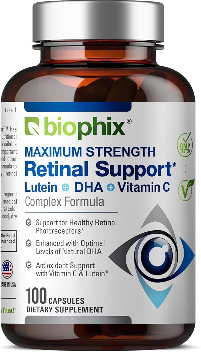 biophix Retinal Support Maximum Strength Complex Formula 100 Capsules - Zinc Vitamin C E Lutein DHA Omega-3 Astaxanthin Hyaluronic Acid - Supports Eye Vision Health