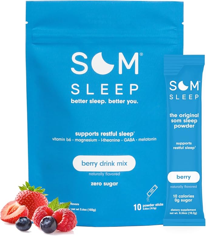 Som Sleep, Restful Calm Sleep Powder Drink Mix w/Melatonin, Magnesium, Vitamin B6, L-Theanine & GABA – Vegan, Zero Sugar, Keto Friendly – Berry, 10-Pack