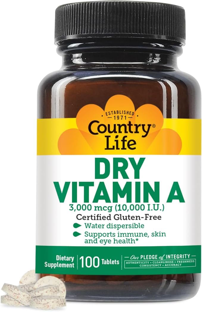 Country Life Vitamin A 10,000 IU - Immune Support, Skin & Eye Health Supplement, Certified Gluten-Free, Vegan, Halal, Kosher, 50% Beta-Carotene & 50% Retinyl Palmitate, Easy Absorption - 100 Softgels