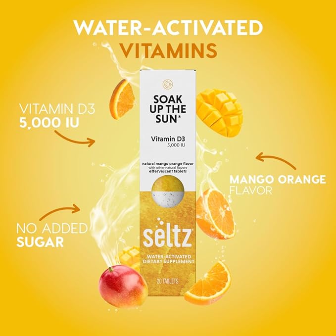 Seltz® Water-Activated Vitamins - Soak up The Sun with Vitamin D3 (5,000 IU) – Natural Mango Orange Flavor Dietary Supplement - 20 Effervescent Tablets