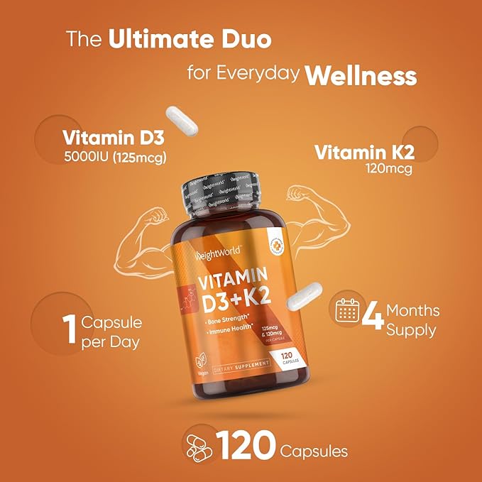 WeightWorld Vitamin D3 K2 - Vitamin D3 5000 IU (125mcg) & K2 MK7 (120mcg) - 120 Capsules (4 Months Supply) - Vegan Vitamin D Supplement for Bone Strength & Immune Health - Easy to Swallow