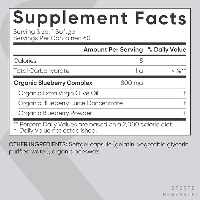 Sports Research Blueberry Capsules - Made from Organic Blueberries with Organic Extra Virgin Olive Oil - Non-GMO & Gluten Free - 60 Liquid Softgels