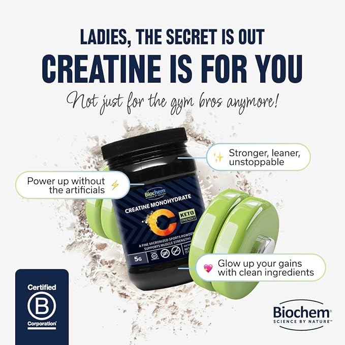 Biochem Micronized Creatine Monohydrate Powder – Muscle Strength & Endurance Support – Clean, Vegan Formula – Certified Gluten Free, K-Parve & Keto – 17.6 oz - 100 Servings
