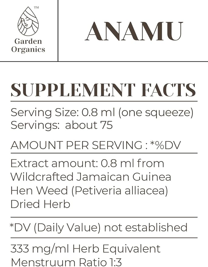 Anamu Alcohol-Free Natural Tincture Extract, Immune System Booster, Liquid Drops Made from 100% Wildcrafted Jamaican Guinea Hen Weed (Petiveria alliacea) Dried Herb (2 fl oz)