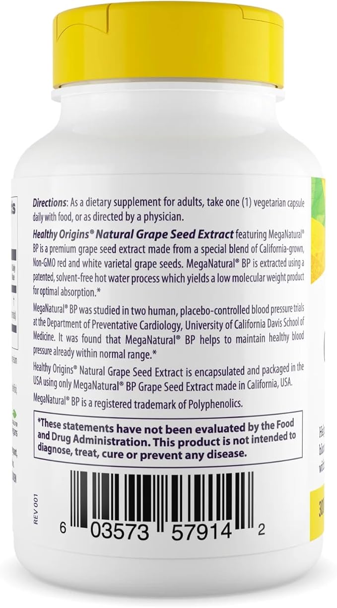 Healthy Origins Grape Seed Extract 300 mg (MegaNatural BP, Non-GMO, California-Grown, Gluten Free, Supports Healthy Blood Pressure), 60 Veggie Caps