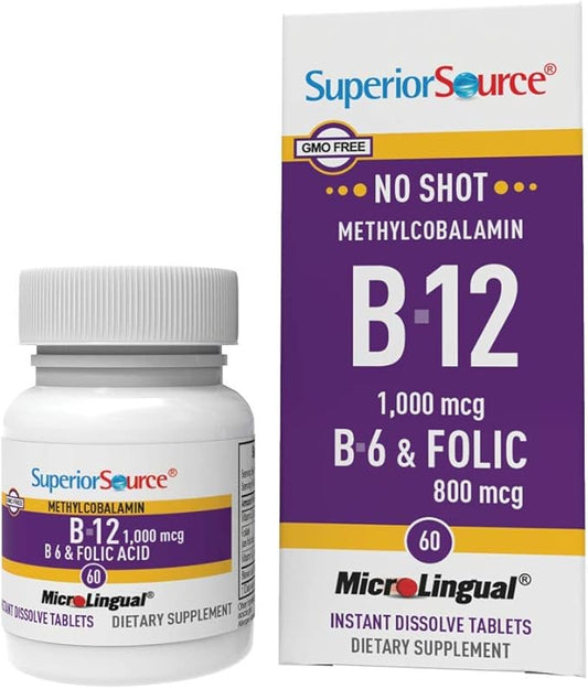 Superior Source No Shot Vitamin B-12 Methylcobalamin 1000 mcg, B-6 & Folic Acid 800 mcg - Supports Brain & Heart Health - Aids Natural Energy Levels - 60 Sublingual Dissolving Tablets