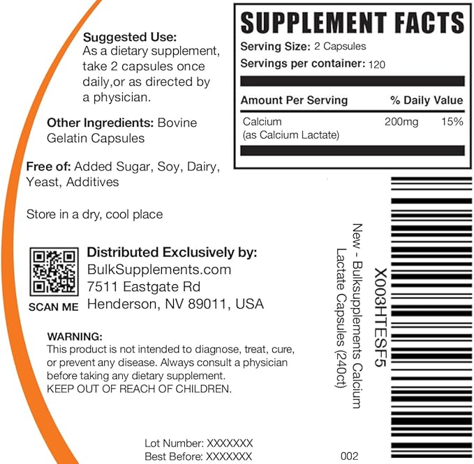 BulkSupplements.com Calcium Lactate Capsules - Calcium Lactate Supplement, 200mg per Serving - 240 Capsules (Pack of 1)