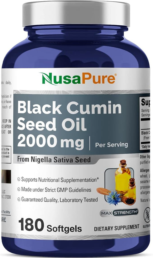 NusaPure Black Seed Oil 2000mg per Serving - 180 Softgel Caps (Non-GMO, Gluten-Free) Cold-Pressed Nigella Sativa