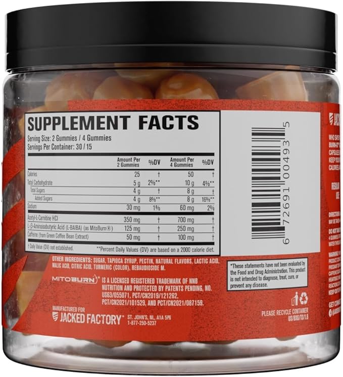 Jacked Factory Burn-XT Weight Loss Gummies - Thermogenic Fat Burner & Appetite Suppressant Gummies with Acetyl-L-Carnitine HCL, MitoBurn, & Caffeine - 60 Gummies, Tangerine Sour