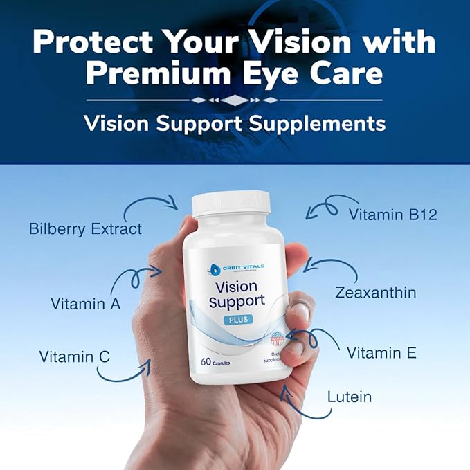Vision Support Supplements with Lutein, Zeaxanthin, Bilberry Extract - Eye Care Health Vitamin for Eye Strain, Dry Eyes, Screen Blue Light - Ideal for Adults, Elderly - Made in USA, 60 Veggie Capsules