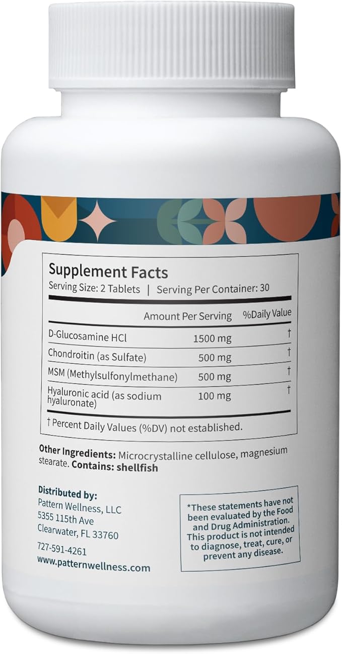 Pattern Wellness Glucosamine Chondroitin Complex with MSM & Hyaluronic Acid – Joint Support Supplement – Cartilage & Joint Flexibility – 1500mg Glucosamine, 500mg Chondroitin – 60 Tablets