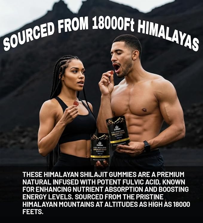 Pure Himalayan Shilajit Gummies Gold with KSM 66 Ashwagandha, Gokshura, Black Musli | Fulvic Acid & 85+ Trace Minerals | Shilajit for Men, Women | 100% Natural and Organic | 60 Gummies
