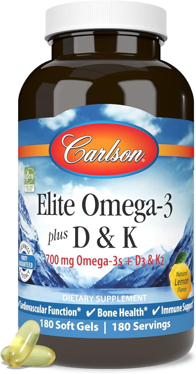 Carlson - Elite Omega-3 Plus D & K, 700 mg Omega-3s + D3 & K2, Function, Bone Health & Immune Support, Lemon, 180 Softgels