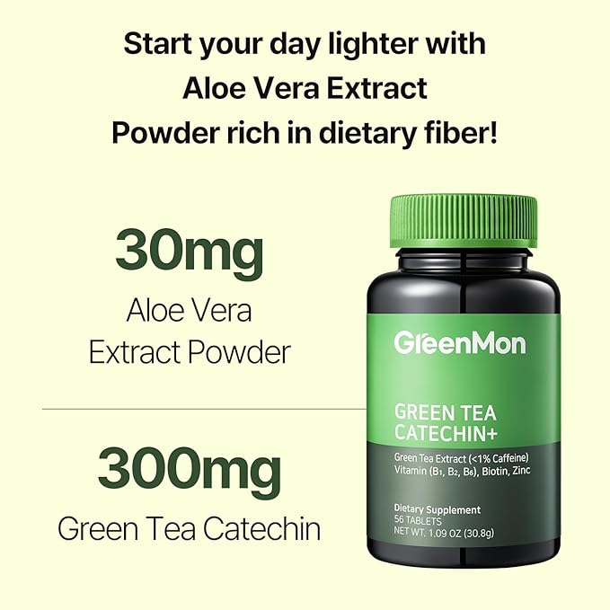 Green Tea Catechin+ - Contains Catechin 300mg, Aloe Vera Extract Powder, Vitamins, Biotin for Dietary and Health Supplement (56 Tablets / 28 Days Serving)