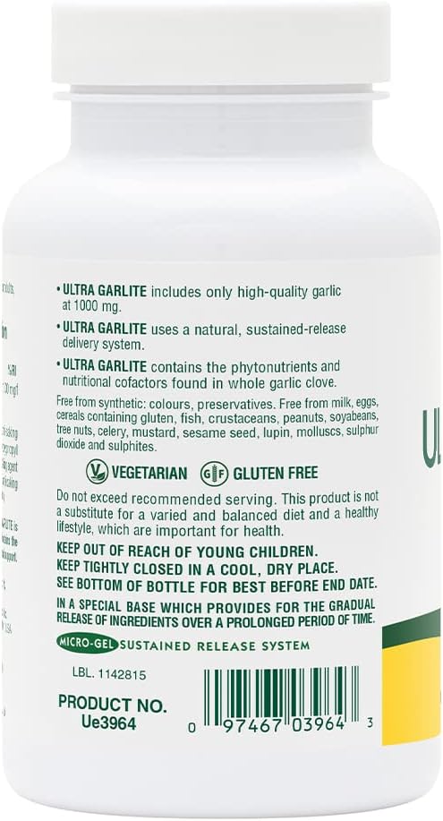 Natures Plus Ultra Garlite 1000 mg - 90 Tablets - Reduced-Odor Garlic - Nutritional Support for Free-Radical Defense & Immune Health - Sustained Release - 90 Servings