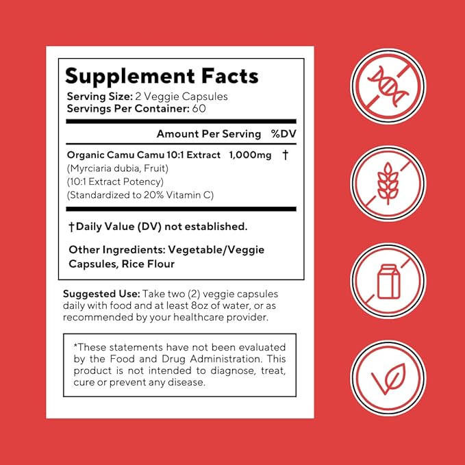 Organic Camu Camu Extract 20% Vitamin C Capsules - Immune, Collagen, Metabolism Support - 120 Veggie Capsules - Non GMO, Gluten Free, Vegan Supplement