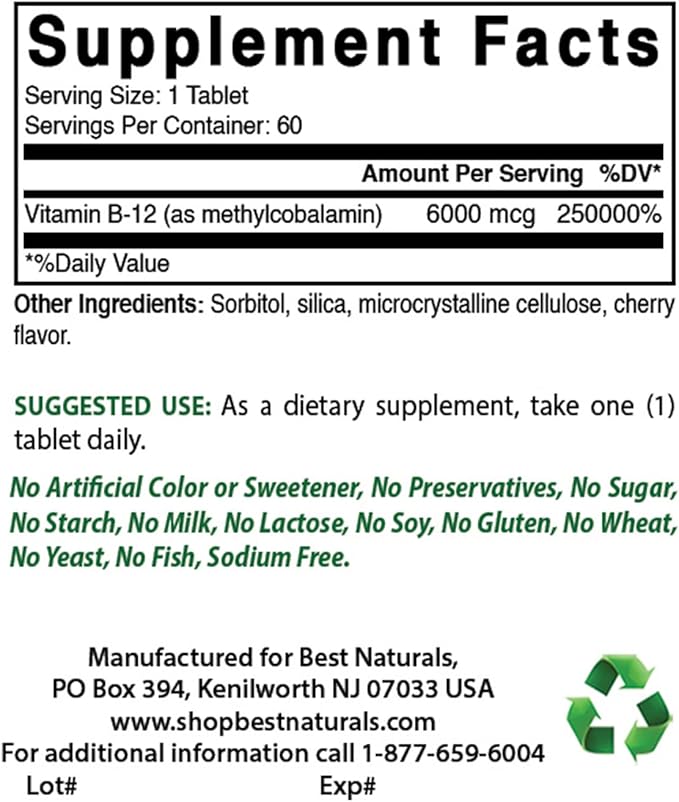 Best Naturals Vitamin B-12 as Methylcobalamin (Methyl B12), 6000 mcg 60 Sublingual Tablets (60 Count (Pack of 3))