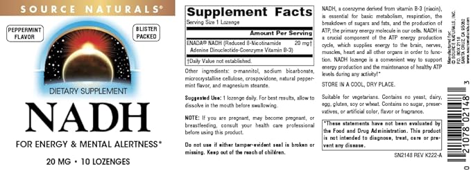 Source Naturals NADH 20mg, Boost Energy and Mental Alertness*, 10 Lozenges