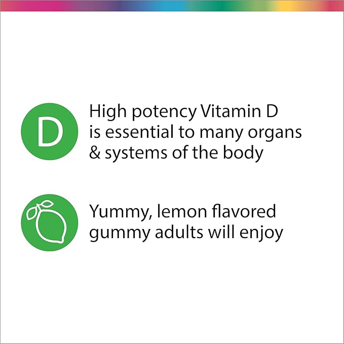 Rainbow Light - Sunny Gummies Vitamin D3 1000 IU, Support for Healthy Bones, Muscles, and Immunity in a Family-Friendly Chewable with Vitamin D3, Soy-Free, Gluten-Free, Sour Lemon, 50 Gummy Drops