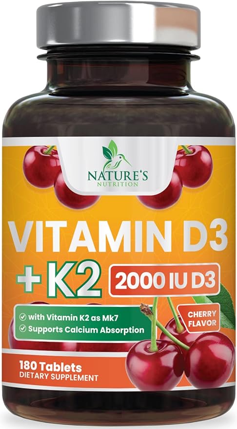 Vitamin D3 K2 2000 IU Plus with K2 (MK-7) 75 mcg - Vitamins D & K Complex Supplement for Bone, Teeth, Muscle, Calcium Absorption, Supports Immune & Heart Health, Non-GMO Chewable Formula - 180 Tablets