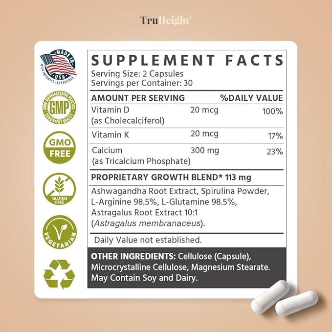 TruHeight Growth Capsules - Natural Growth & Development Supplement for Kids & Teens - Endorsed by Pediatricians - Vitamin D, K, Calcium & Ashwaganda - Bone Strength Capsules - Kids Vitamins - Ages 5+