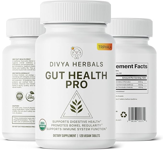 Gut Health Pro - Bloat Relief, Detox & Digestive Support - 100% Pure Organic Triphala Supplement - for Women & Men - Uncoated Vegan Tablets -120Ct