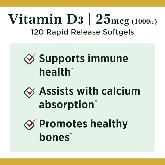 Nature's Bounty, Vitamin D3 Vitamin Supplement, Supports Immune System and Bone Health, 1000IU, 120 Softgels (Pack of 3)