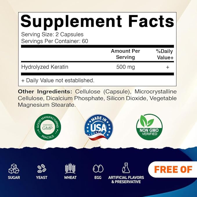 Vitamatic Hydrolyzed Keratin 500mg per Serving - 120 Vegetarian Capsules - Keratin Supplements for Healthy Hair Skin & Nails for Adults
