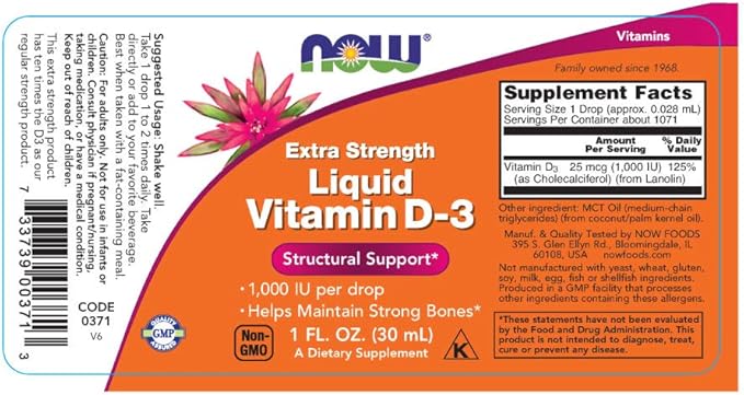NOW Foods Liquid Vitamin D3 Extra Strength - 1000 IU - 1 fl oz