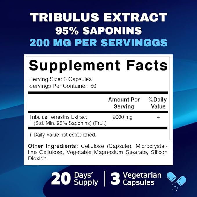 Vitamatic Tribulus Terrestris for Men - 2000 mg per Serving - 95% Saponins - 180 Vegetable Capsules - Made in The USA - Gluten Free & Non-GMO