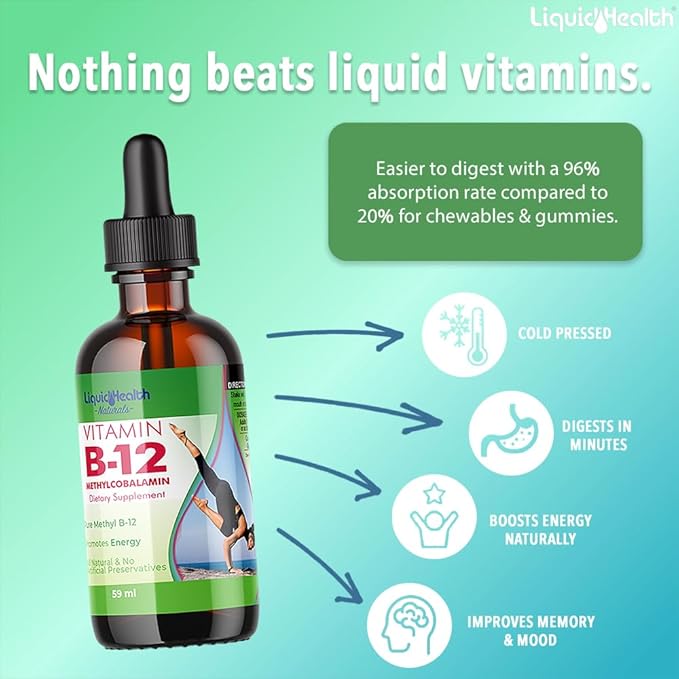 LIQUIDHEALTH Vitamin B12 Methylcobalamin Liquid Drops with Sublingual Hydroxocobalamin - Boost Energy, Support Immune System, Improve Memory & Concentration - Made in The USA, Vegan, Non-GMO (3 Pack)