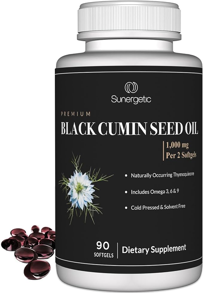 Sunergetic Premium Black Cumin Seed Oil Softgels – 1,000mg of Black Seed Oil Per Serving – Non GMO Cold Pressed Nigella Sativa – Includes Thymoquinone & Omega’s - 90 Softgels